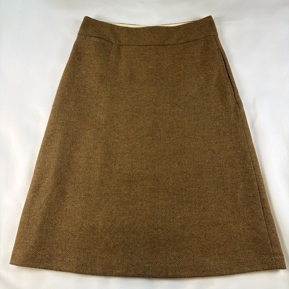 Lands' End Skirt Women 2 Brown Wool Blend A-Line Knee Length Lined Tweed Pockets